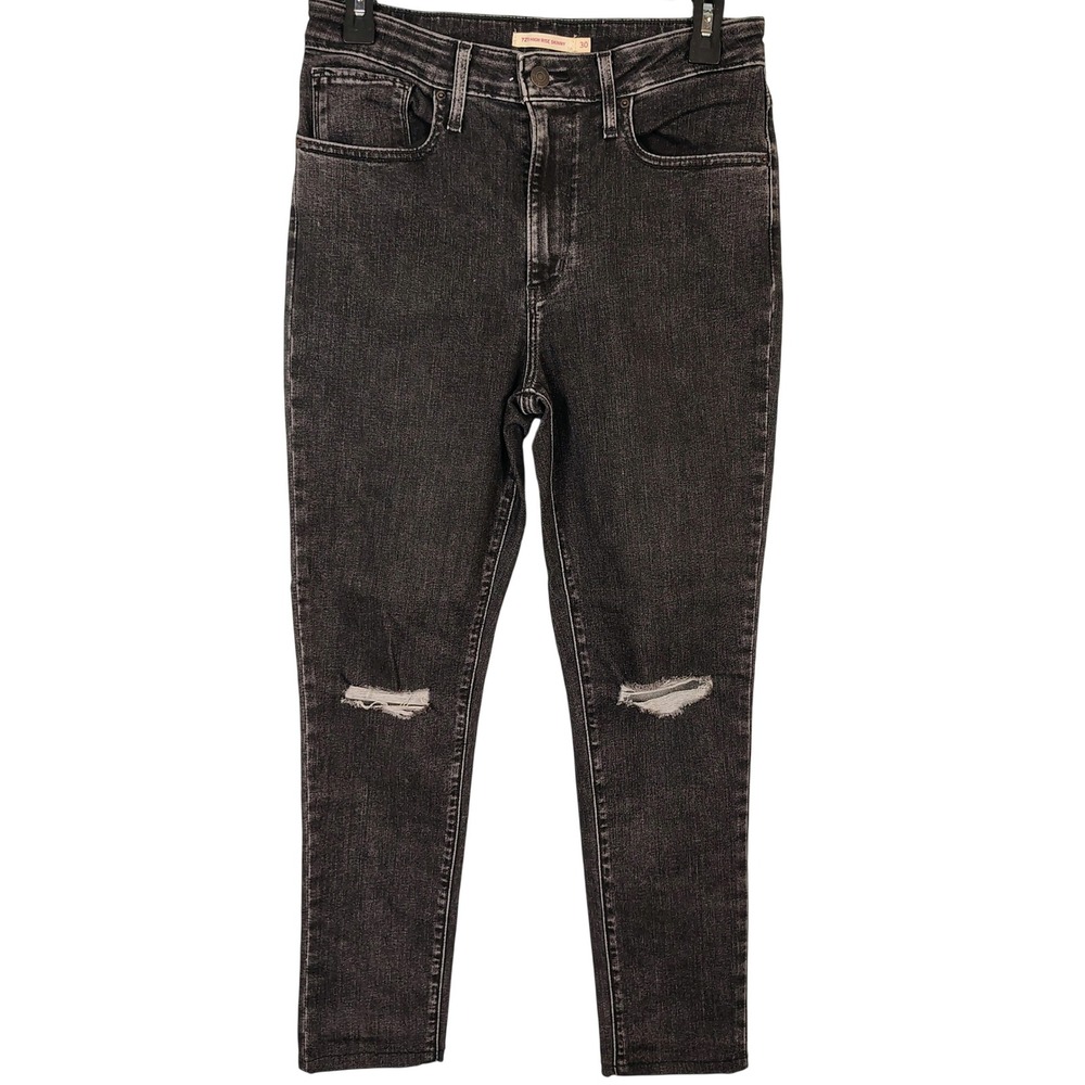 Levis 721 High Rise Skinny Jeans Womens 30 Black Distressed Ripped Knee grunge